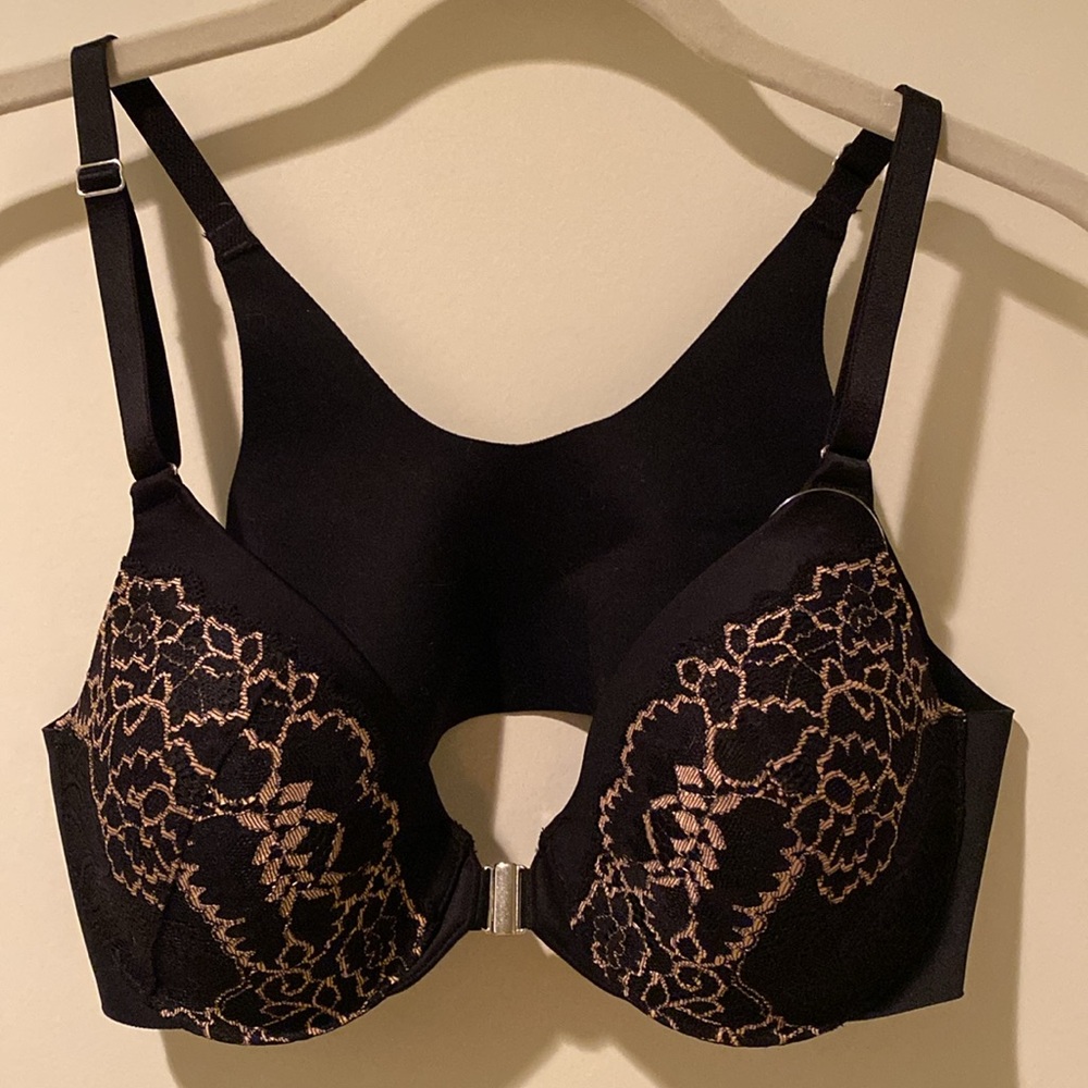 NEW SOMA Vanishing Back FC Front Close Lace Trim BRA, 34B, Black, NWT